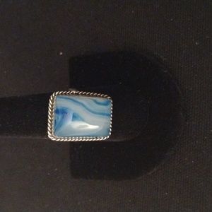 Sterling Silver Square Blue/White Swirl Stone Ring Stamped 925 Size 9